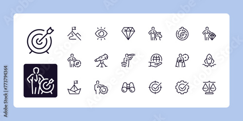 Business concepts, mission, vision, values line icons. Outline symbol collection. Editable vector stroke. 48 and 96 Pixel Perfect scalable to 192px, 384px...