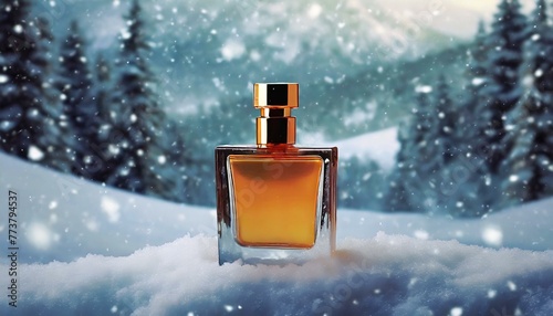 nowflake Scent: Cosmetic Branding with Empty Perfume Bottle Mockup in Winter photo