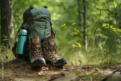 Hiking boots with trekking equipment in the forest, Hiking concept
