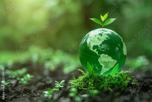 Globe with green plant on soil background, save the world concept