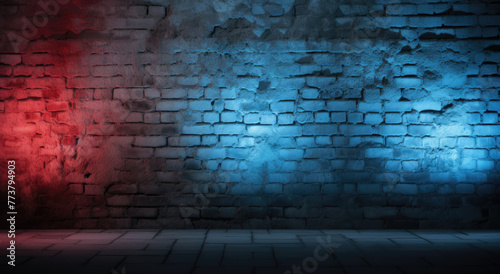 A 3d illustration of brick wall room with blue, red, purple and pink neon lights on wooden floor. Dark background with smoke and bright highlights, night view. Studio shot mockup design