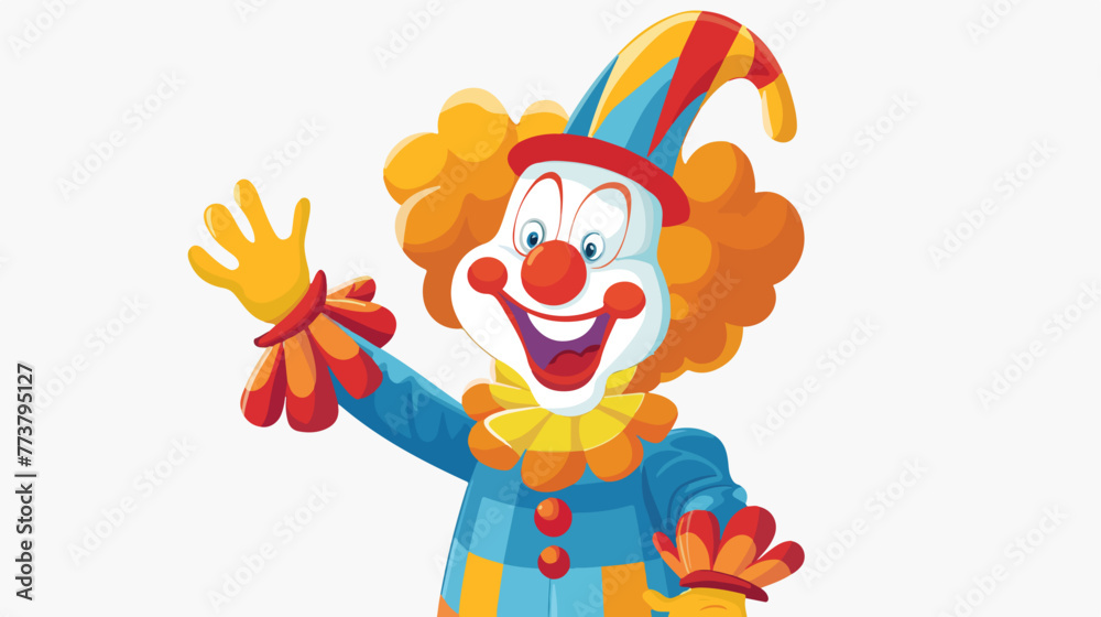 Cartoon happy clown waving hand flat vector isolated o