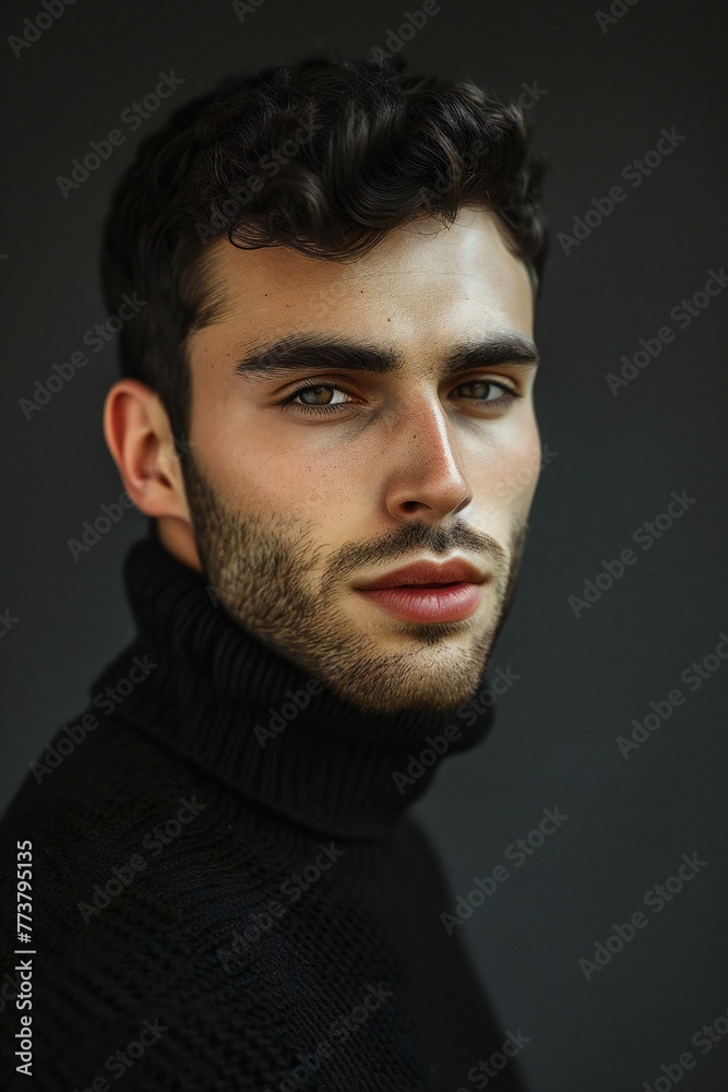 Portrait of a handsome young man in black sweater on dark background