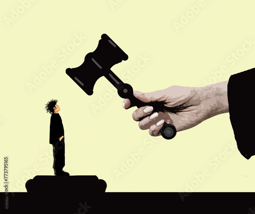 Boy standing under oversized judge's gavel against yellow background photo