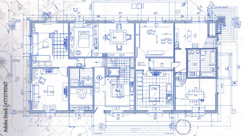 Overhead shot of a very detailed house blueprint, house plan with all elements present 