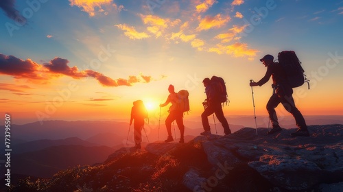 Climbers travel to their destination at the top of a mountain with a beautiful view.