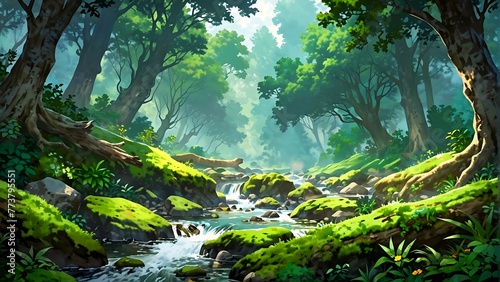 illustration of beautiful tropical forest with lush vegetation and river bathed in sunlight digital background