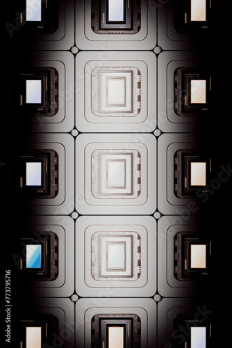 Integrated circuit microchip in a row with illuminated lighting photo