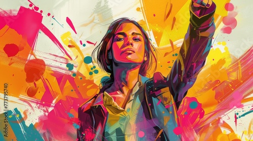 Energetic woman with a raised fist surrounded by explosive colorful paint splatters 