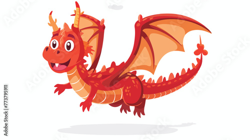 Cartoon happy red dragon flying flat vector isolated o