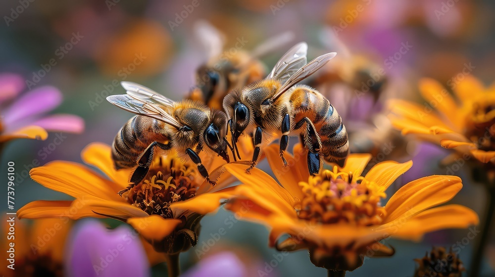 A bumblebee or bee pollinates a flower in spring or summer - obrazy, fototapety, plakaty 