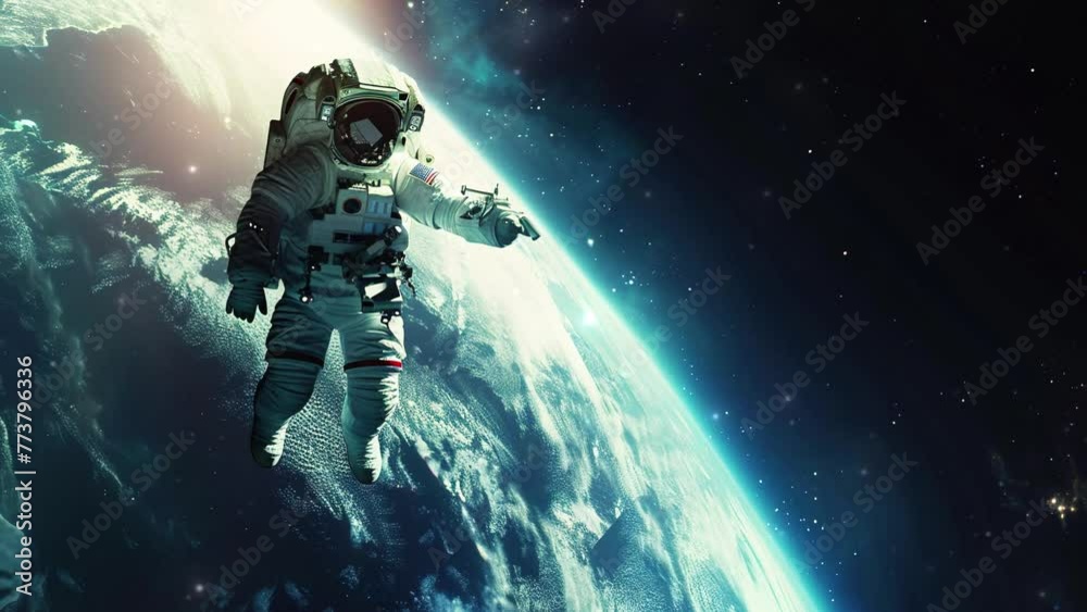 An astronaut who goes on a spacewalk wears a full space suit. Background of planet earth surrounded by stars. International Day of Human Space Flight concept. 4K Videos An astronaut who goes on a spacewalk wears a full space suit. Background of planet earth surrounded by stars. International Day of Human Space Flight concept. 4K Videos