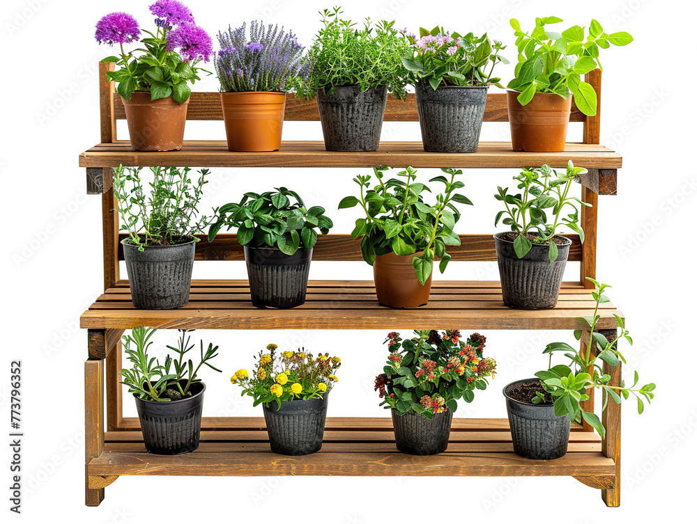 Fototapeta premium tiered gardening shelf with potted herbs and flowers, isolated on a white background 