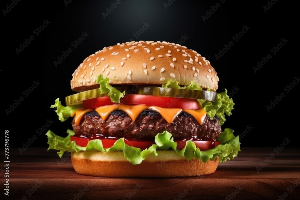 Juicy delicious and appetizing hamburger on dark background. Juicy delicious and appetizing hamburger on dark background.