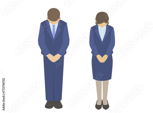 お辞儀をするスーツ姿の男性と女性のイラスト