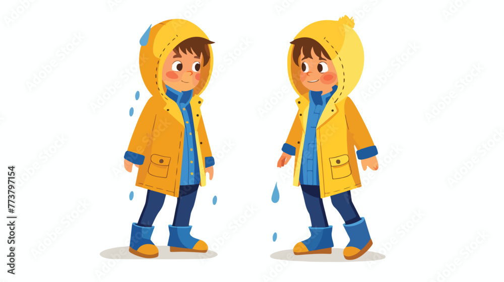 Cartoon little boy wearing raincoats and boots in the