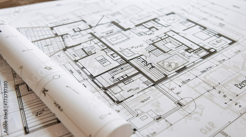 Very detailed plans for a modern house rolled out on a desk 