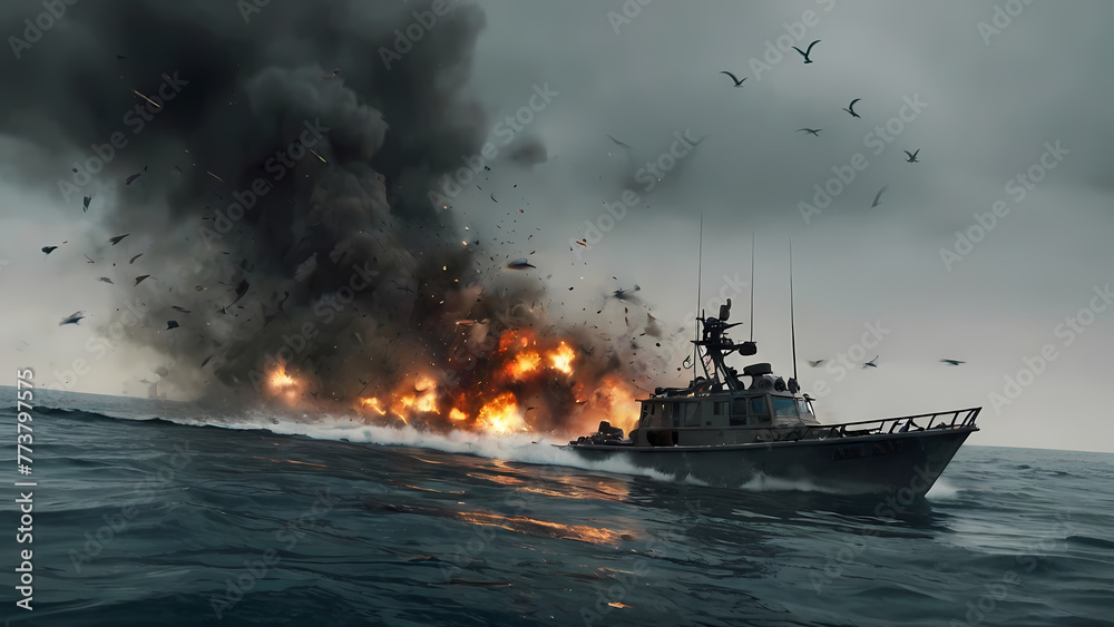 Warship firing on the open sea Created With Generative Ai Warship firing on the open sea Created With Generative Ai