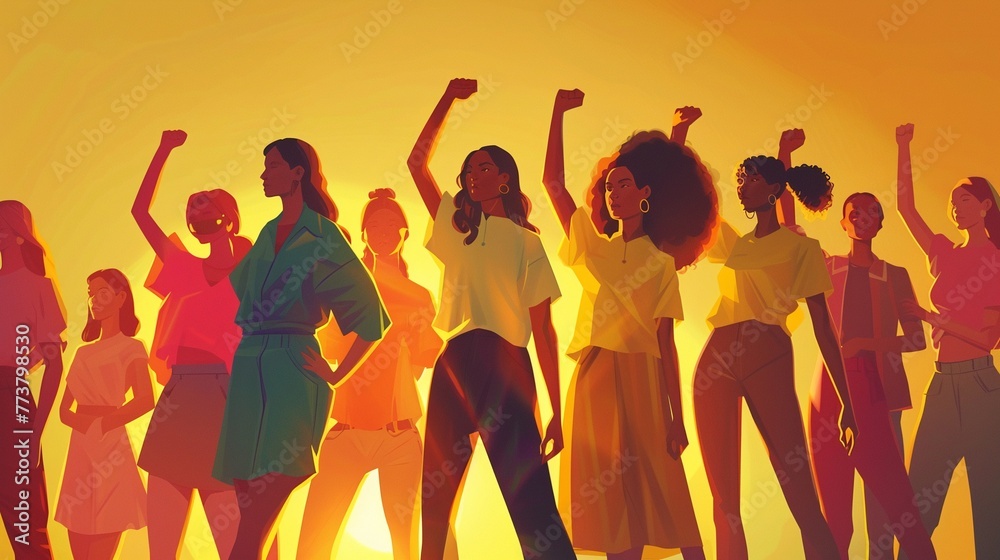 Womens Unity Illustrate a diverse group of women standing together in solidarity, holding hands or raising fists in unity and empowerment ,4k