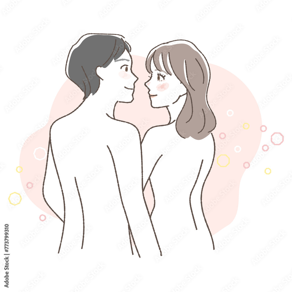A naked illustration of a couple thinking about family planning.
