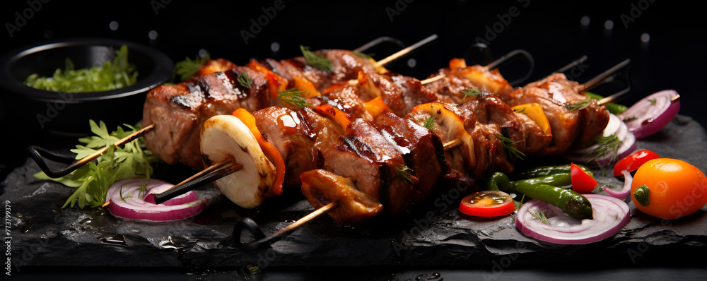 Traditional BBQ meat Kebabs with some vegetable and three kababs on the tray with black background 