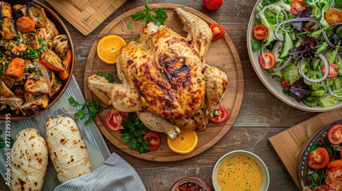 A table with a large roasted chicken and a variety of vegetables, including tomatoes, carrots, and broccoli