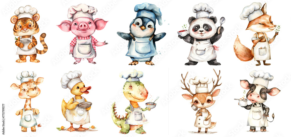 Obraz premium Cute animal cook Illustration Clipart Bundle, png, generated ai