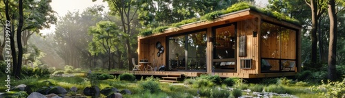 An ecofriendly tiny house surrounded by a rewilded garden, promoting prosocial living and sustainability © wasan