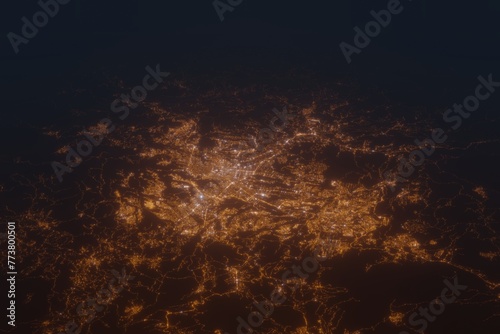 Aerial shot on Guatemala at night, view from west. Imitation of satellite view on modern city with street lights and glow effect. 3d render photo