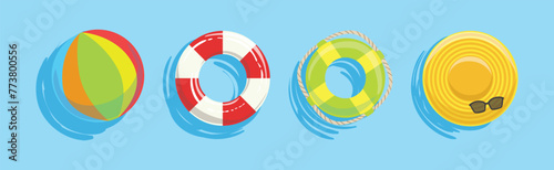 Bright Summer Swimming Object on Blue Water Background Vector Set