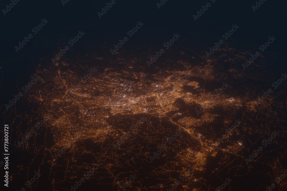Aerial shot of Nairobi (Kenya) at night, view from south. Imitation of satellite view on modern city with street lights and glow effect. 3d render - obrazy, fototapety, plakaty 