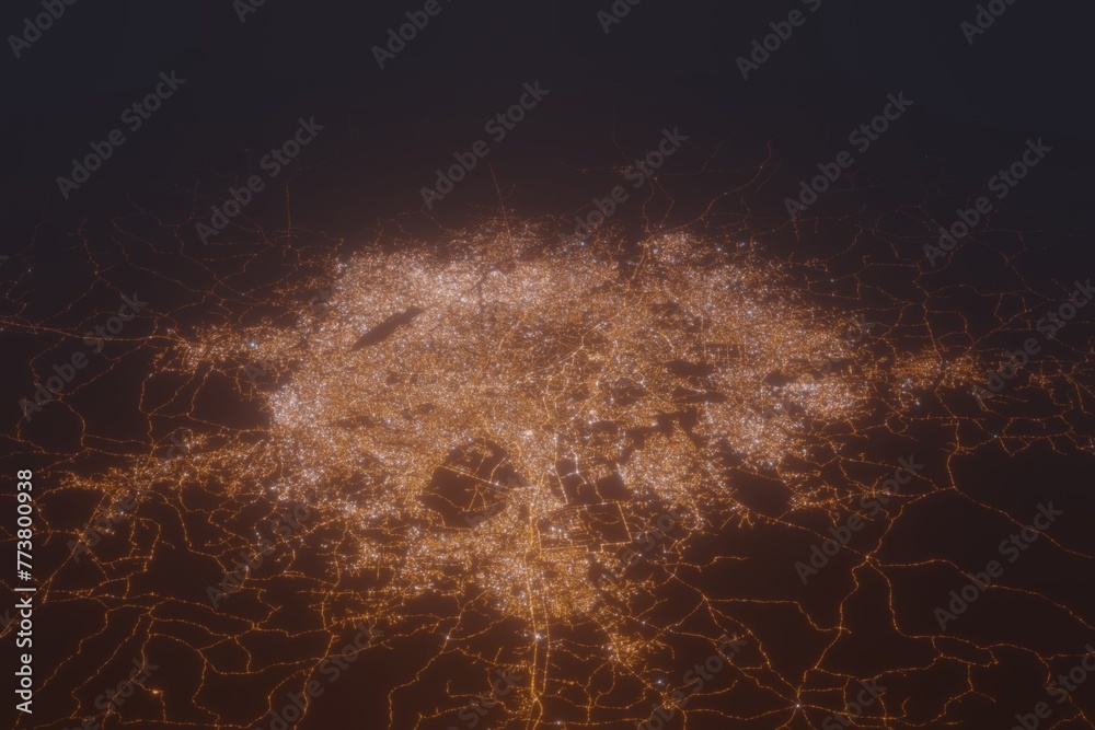 Aerial shot of Ibadan (Nigeria) at night, view from north. Imitation of satellite view on modern city with street lights and glow effect. 3d render - obrazy, fototapety, plakaty 