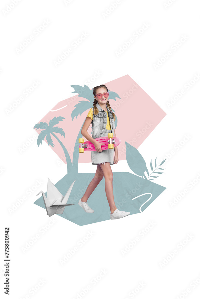 Fototapeta premium Creative poster collage of&nbsp;walking young girl teenager skate park longboard have fun enjoy summer vacation origami crane positive vibe