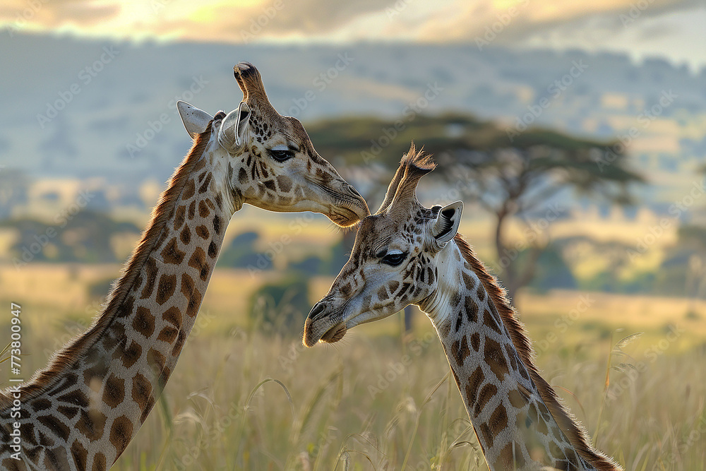 Obraz premium Two giraffes in the Serengeti National Park in Tanzania. Giraffes in the savannah, hilly plain.