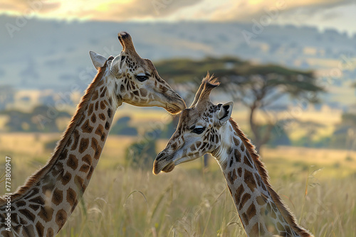 Two giraffes in the Serengeti National Park in Tanzania. Giraffes in the savannah, hilly plain.