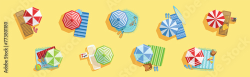 Colorful Umbrella Shade with Deck Chair and Blanket on Sandy Beach Vector Set