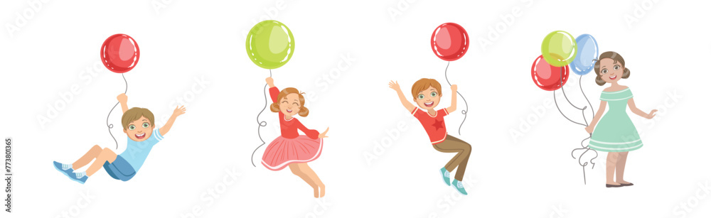 Kid Character with Party Balloon Having Fun Vector Set Kid Character with Party Balloon Having Fun Vector Set