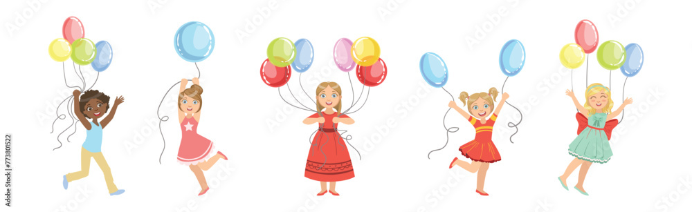 Kid Character with Party Balloon Having Fun Vector Set Kid Character with Party Balloon Having Fun Vector Set