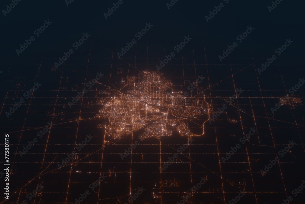 Aerial shot on Saskatoon (Canada) at night, view from east. Imitation of satellite view on modern city with street lights and glow effect. 3d render - obrazy, fototapety, plakaty 