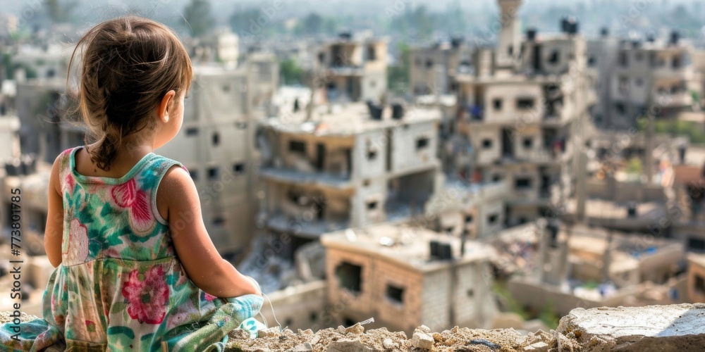 A young girl gazes out over a devastated cityscape from a high vantage point.