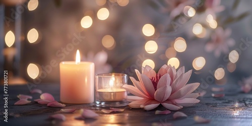 A tranquil scene with a lit candle and a delicate lotus flower among scattered petals  creating a serene ambiance.