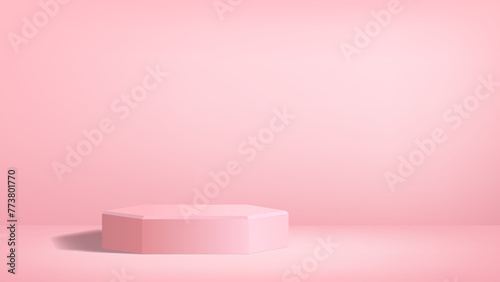 3D podium in minimalist studio background of monochrome gradient pink color. Room or photo space with low platform and light spot. Empty vector template for product presentation, banner back.