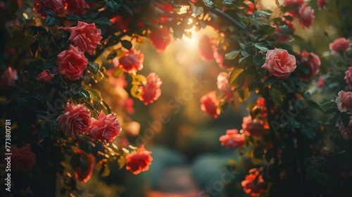 Warm sunset light filters through a vibrant rose garden, highlighting the delicate beauty of the flowers.