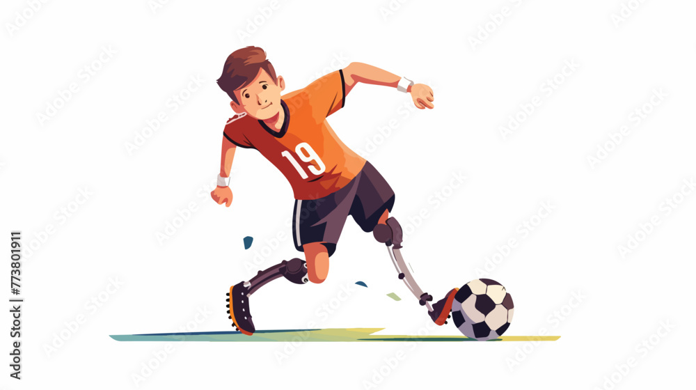 Disabled man character playing football. Male footbali