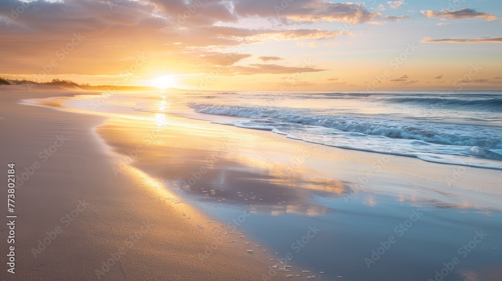 An empty beach at sunrise with soft golden light reflecting off the waves  AI generated illustration