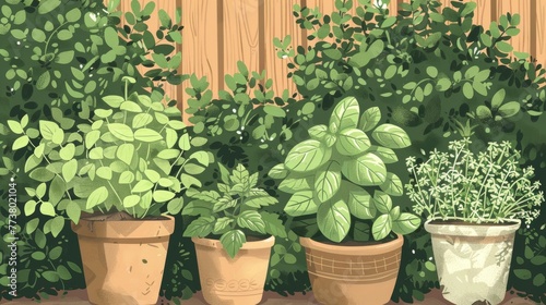 An illustration of a backyard herb garden with basil mint and parsley AI generated illustration