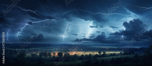 Dramatic scenery of a stormy dark sky with bright lightning bolts  thick clouds looming over a vast open field