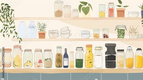 An illustration of a zero-waste kitchen with reusable containers and jars AI generated illustration