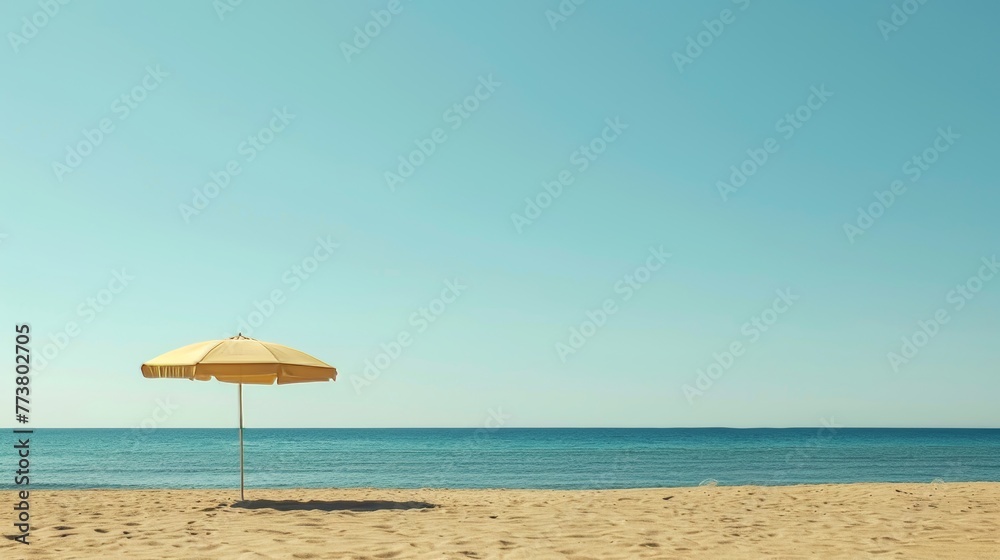 Beach Umbrella A minimalist composition featuring a solitary beach umbrella against a backdrop of golden sand and azure sea  AI generated illustration