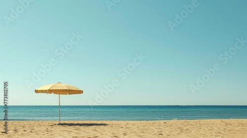 Beach Umbrella A minimalist composition featuring a solitary beach umbrella against a backdrop of golden sand and azure sea  AI generated illustration © Olive Studio
